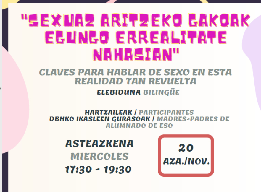 [HITZALDIA] Gazteekin sexuaz aritzeko gakoak Plateruenean, azaroaren 20an